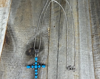 Sleeping Beauty Turquoise Cross Pendant Necklace 16”