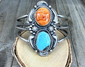 Navajo Made Kingman Turquoise & Spiny Oyster Cuff Bracelet