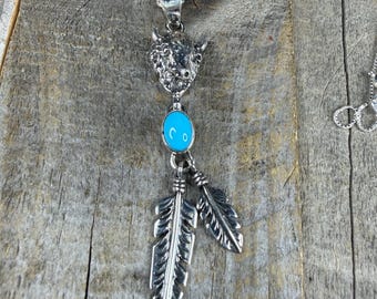 Buffalo Head Turquoise Feathers Pendant Necklace 18” Sterling