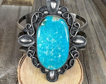 Navajo Made Huge Turquoise Statement Cuff Bracelet by Chimney Butte size 7 3/8”