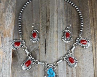 Vintage Turquoise and Coral Statement Necklace and Earring Set by Tom Lewis