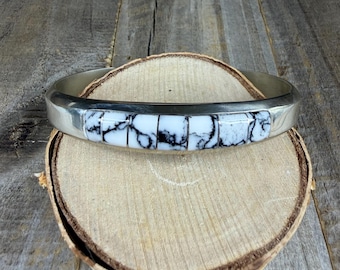 White Buffalo 7 Stone Inlaid Sterling Cuff Bracelet size 6 1/4”