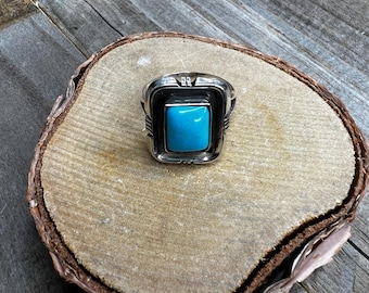 Navajo Made Turquoise Shadow Box Ring Sterling Silver Size 7.75