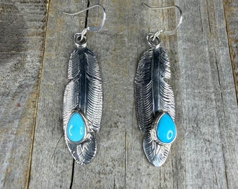 Turquoise Sterling Silver Feather Dangling Earrings RB Navajo Hallmark