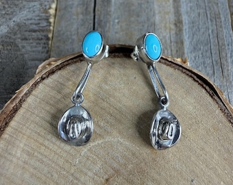 Turquoise Post Earrings With Dangling Cowboy Hats