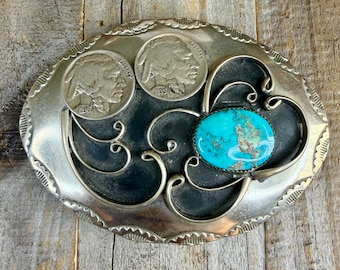 Vintage Sterling Turquoise Belt Buckle With Indian Head Nickels