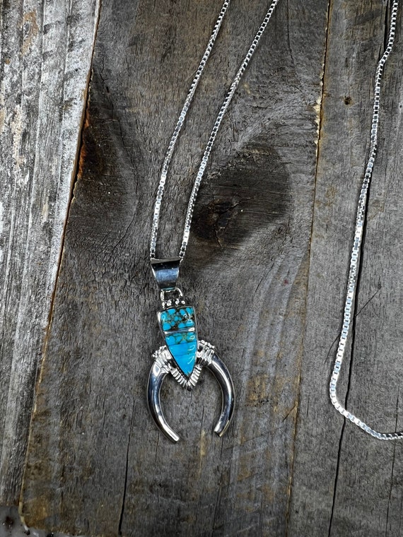 Navajo Made Naja Turquoise Inlay Sterling Silver Necklace 24”