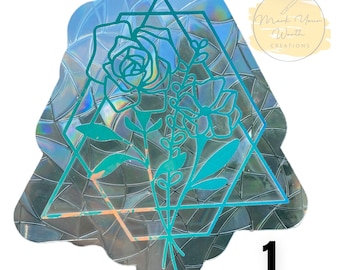 Geometric Flower Holographic Sun catcher, Window Cling, Removable & Reusable Decal, Makes Rainbows, Sunlight Reflector, Reflective Light