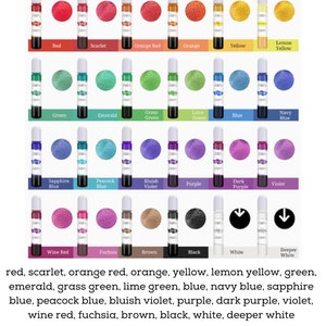 May include: A colour chart displaying 24 different paint colours in small bottles. The colours are arranged in rows and include red, scarlet, orange red, orange, yellow, lemon yellow, green, emerald, grass green, lime green, blue, navy blue, sapphire blue, peacock blue, bluish violet, purple, dark purple, violet, wine red, fuchsia, brown, black, white, and deeper white.