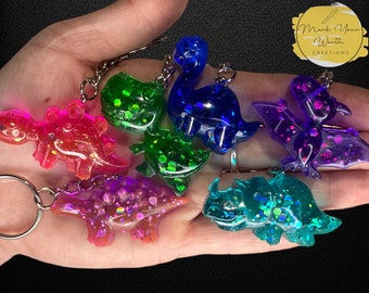 Dinosaur Keychains, triceratops stegosaurus brontosaurus trex pterodactyl, resin novelty keyring, customizable gift, Dino party favors
