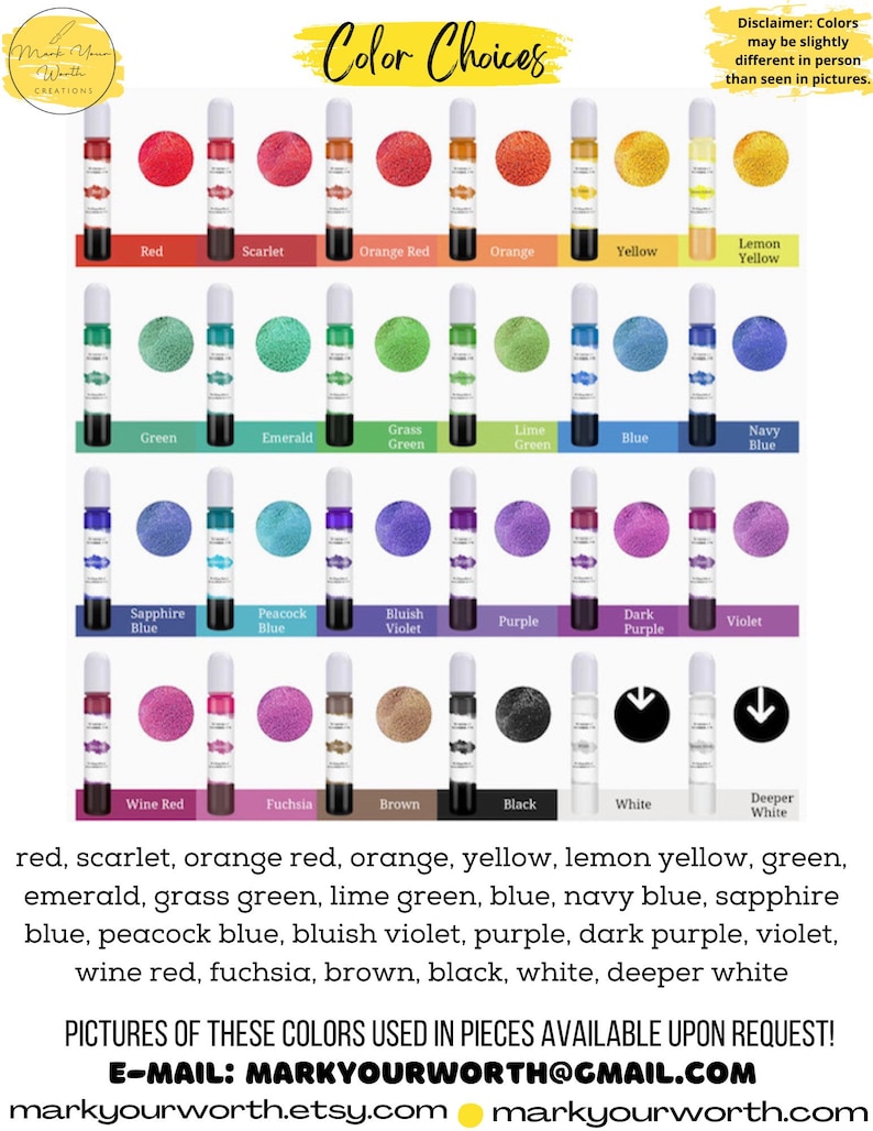May include: A color chart showing 24 different colors of paint. The colors are arranged in rows and columns. The colors include red, scarlet, orange red, orange, yellow, lemon yellow, green, emerald, grass green, lime green, blue, navy blue, sapphire blue, peacock blue, bluish violet, purple, dark purple, violet, wine red, fuchsia, brown, black, white, and deeper white.