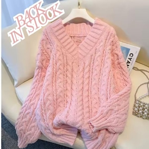 Grobstrick Zopfmuster Pullover, Rosa V-Ausschnitt Oversized Pullover