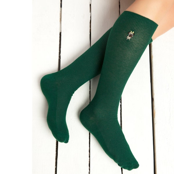 Pug Embroidered Women's Long Socks | Green Colour | One Size