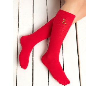 May include: Red knee-high socks with a green snake embroidered on one sock.