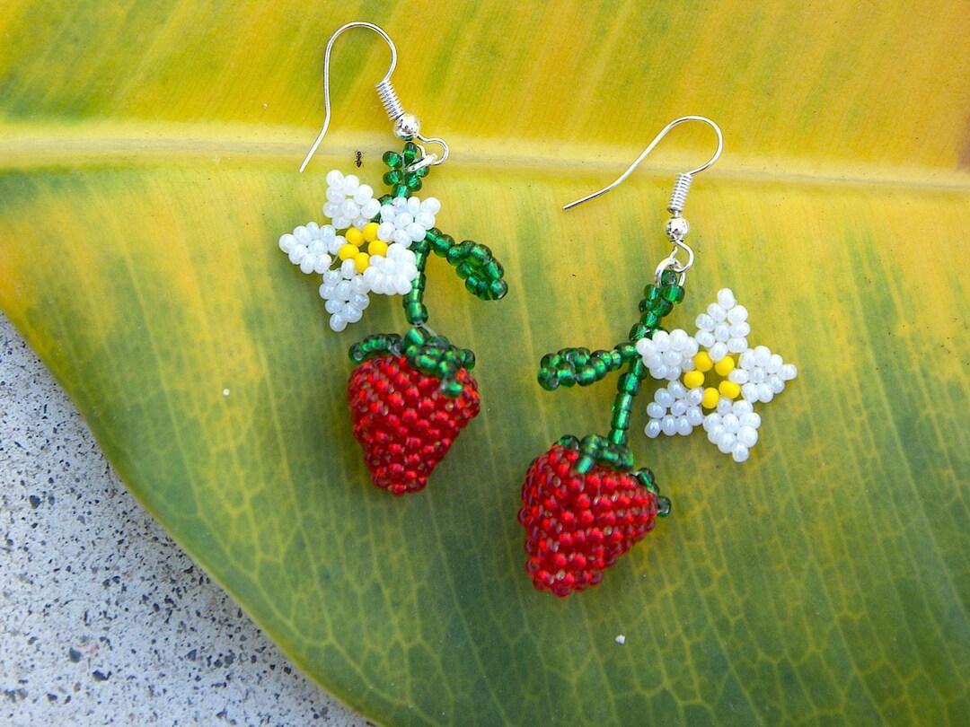 Beaded Strawberry Earrings Beaded Earrings Long Earrings Etsy