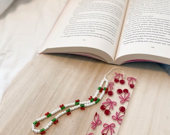 Bookmark, acrylic bookmark, cherry bows, cherries, bows, book merch, cute bookmark, bookmark charm