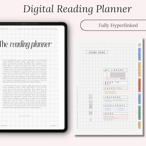 May include: A digital reading planner with a home page featuring sections for "My Library", "Book to Buy", "Favorites", "Trackers", "Challenges", and "More". The planner is fully hyperlinked and has 900 pages.