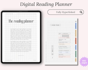 May include: A digital reading planner with a home page featuring sections for "My Library", "Book to Buy", "Favourites", "Trackers", "Challenges", and "More". The planner is fully hyperlinked and has 900 pages.