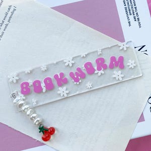 book worm acrylic bookmark, book worm bookmark, acrylic bookmark, cute bookmark, patterned bookmark, bookmark with cherry charm