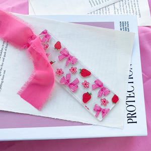 strawberry acrylic bookmark, strawberry and bows bookmark, acrylic bookmark, patterned acrylic bookmark, cute bookmark, bookmark charm