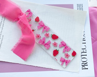 strawberry acrylic bookmark, strawberry and bows bookmark, acrylic bookmark, patterned acrylic bookmark, cute bookmark, bookmark charm