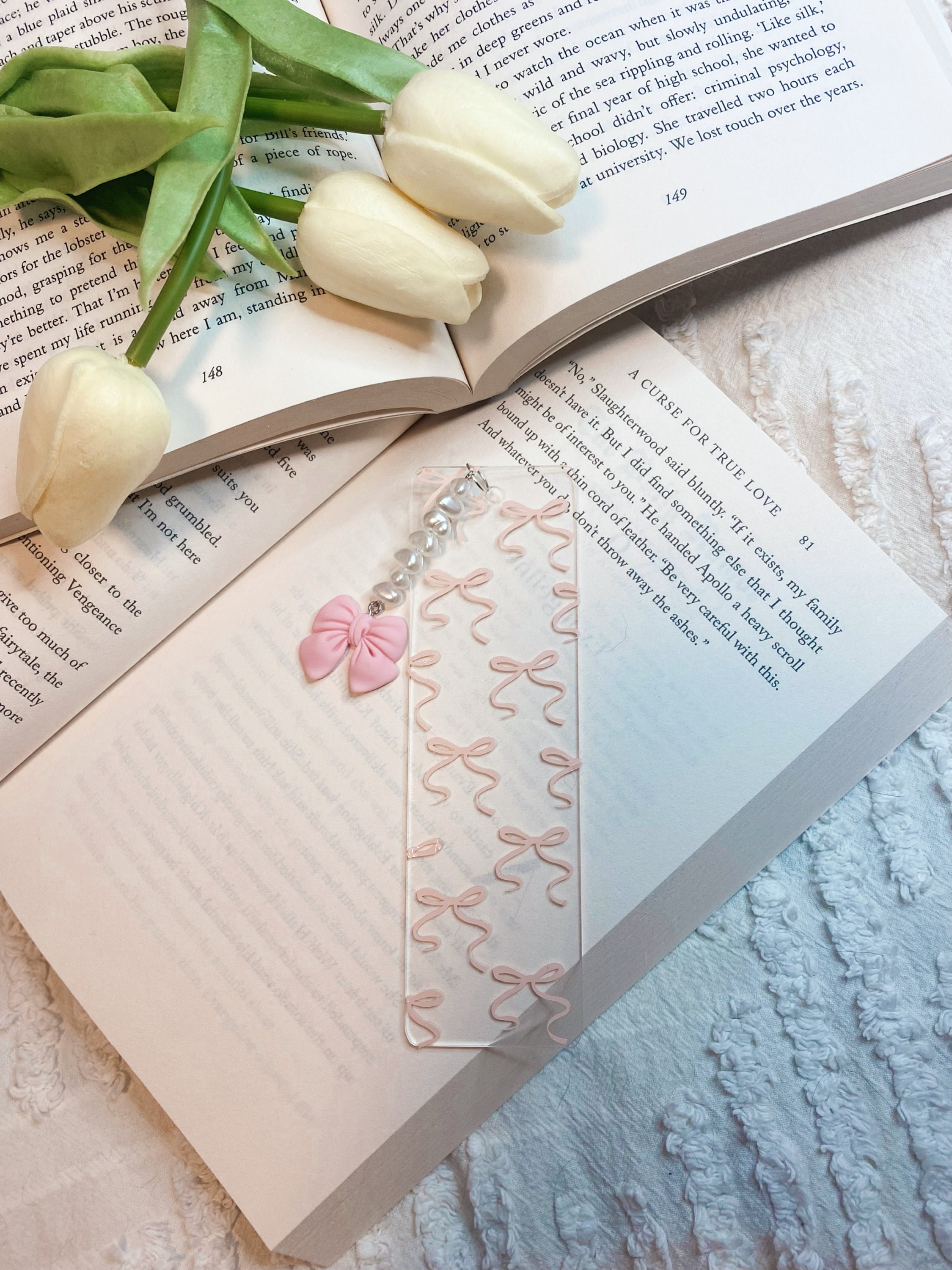 Bookmark, acrylic bookmark, ribbon bookmark, bows, pink bookmark, book mark, book merch