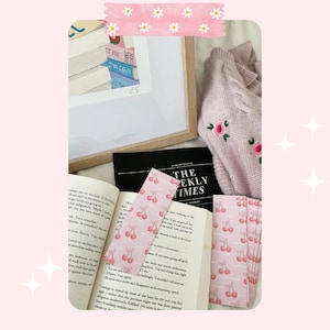 one more chapter bookmark, cherry patterned bookmark, linen bookmark, paper bookmark, pink patterned bookmark, coquette bookmark, book merch