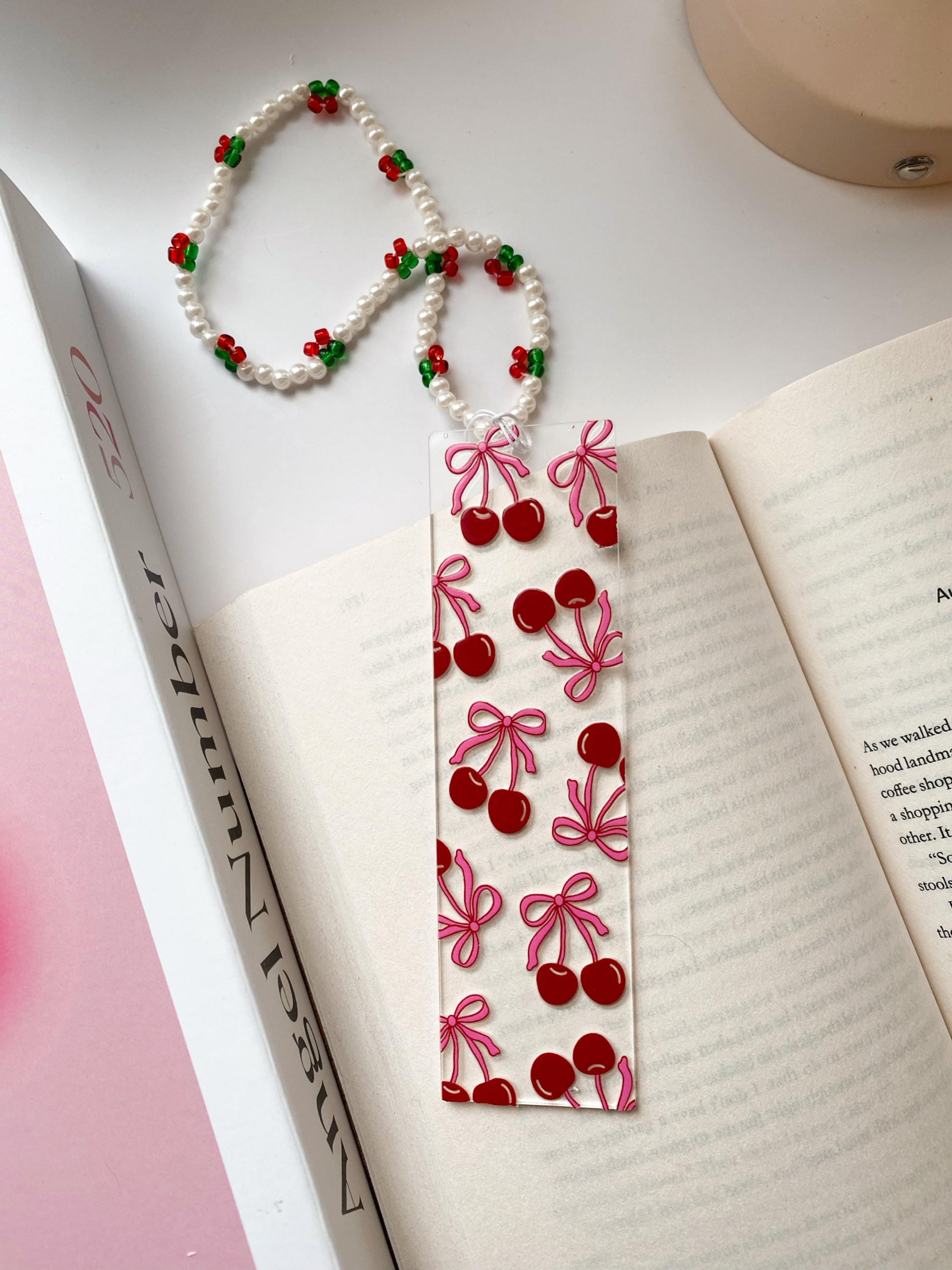 Bookmark, acrylic bookmark, cherry bows, cherries, bows, book merch, cute bookmark, bookmark charm