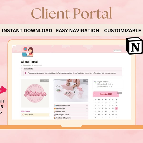Notion Template Client Portal, Client Dashboard Project Tracker, Notion Digital Business Template for freelancer, coach, designer