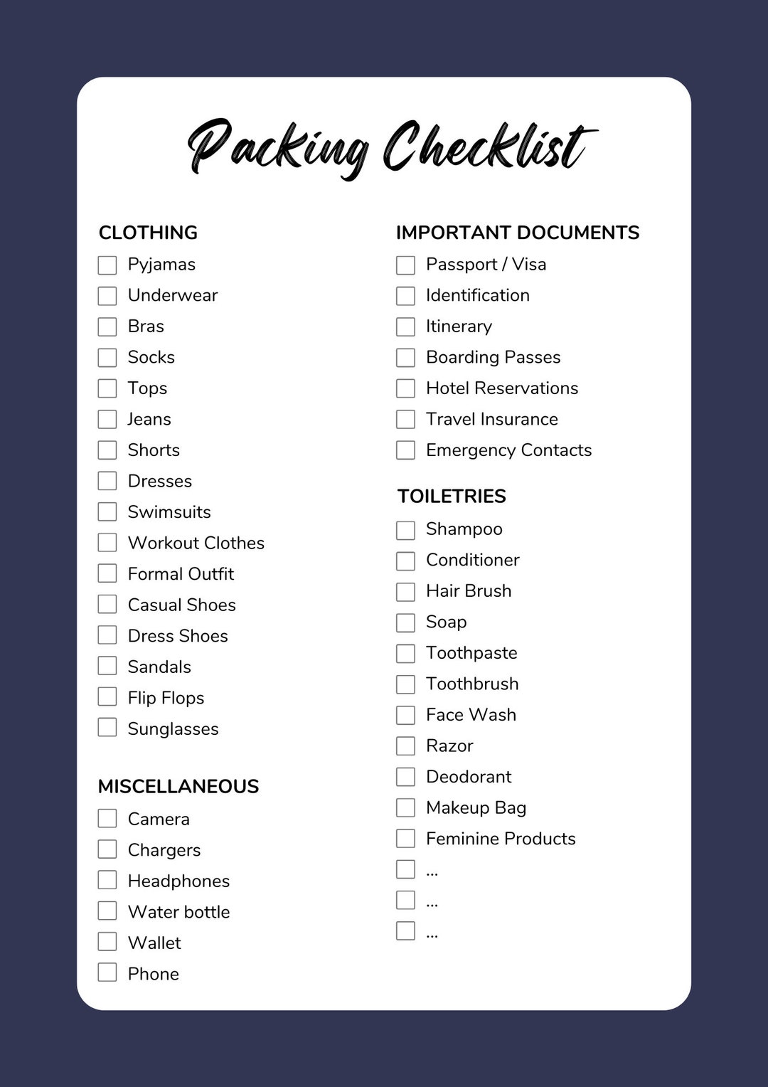 Printable Modern Trip Packing List Checklist Travel Checklist Family 