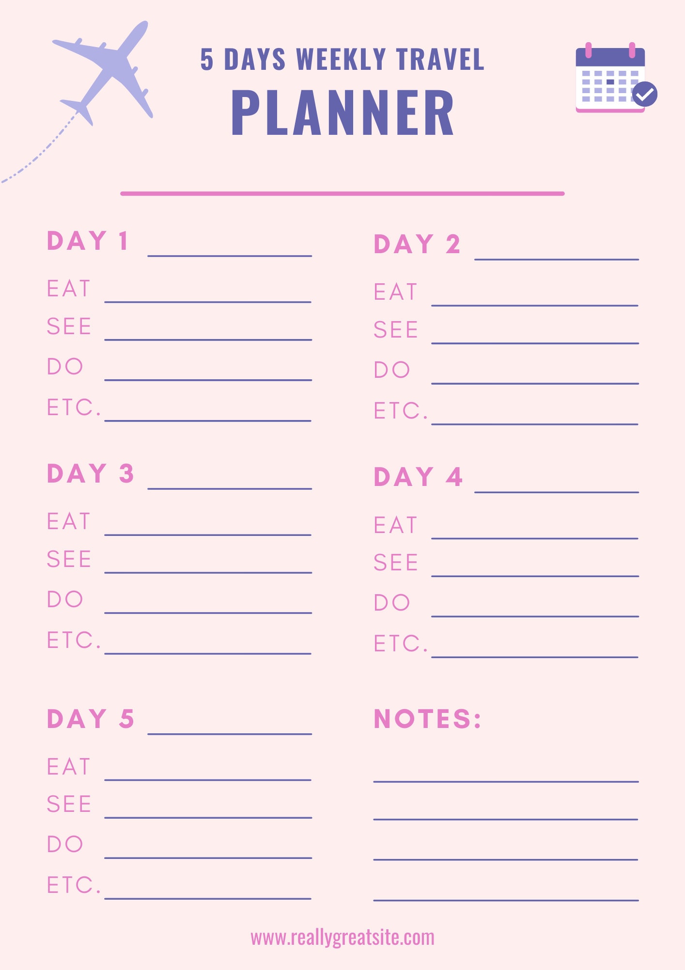 Purple and Pink 5 Days Weekly Travel Planner Itinerary