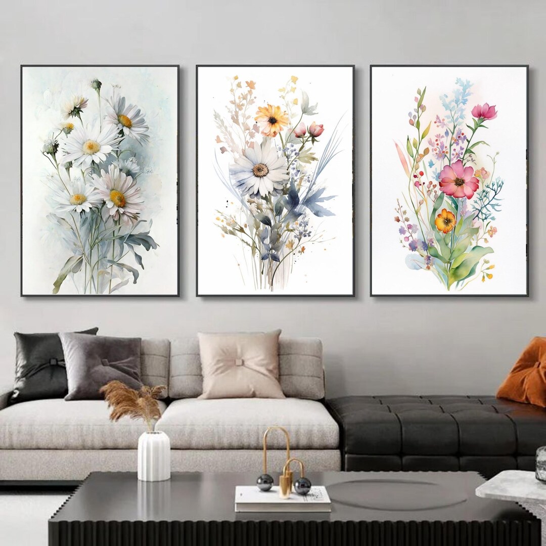Set of 3 Neutral Watercolor Wildflower Prints | Minimalist Boho Wall ...