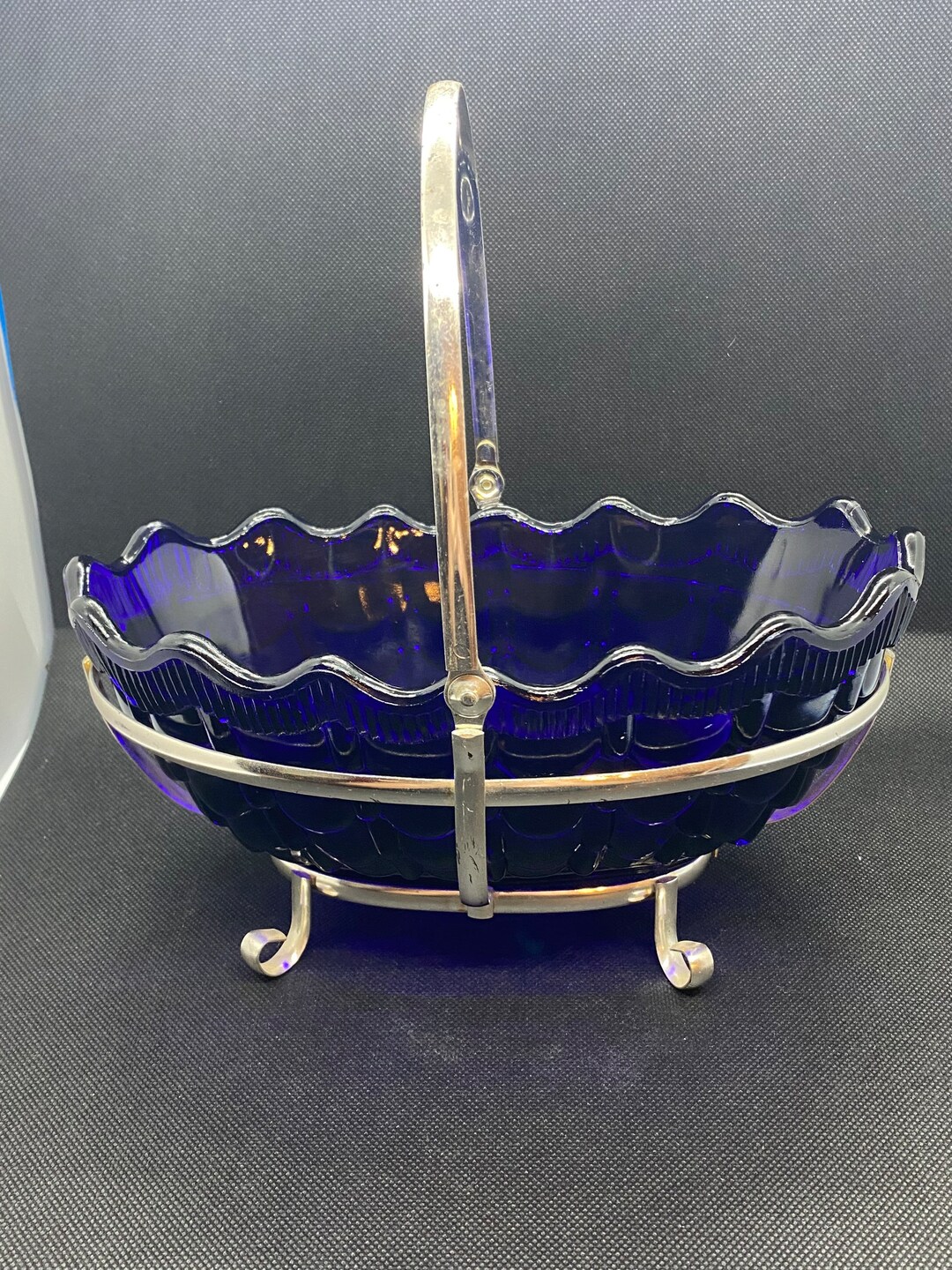 Cobalt Blue Glass Fruit Bowl With Removable Chrome Basket Etsy