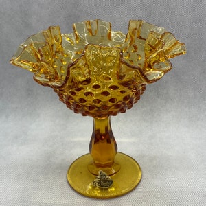 Fenton Amber Hobnail Ruffled Compote