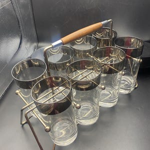 Dorothy Thorpe MCM Highball Glasses with Silver Banded Rim with Carrier