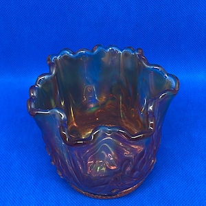 Fenton Marigold Carnival Glass Waterlillies snd Cattails. Made around 1908. Handkerchief style vase