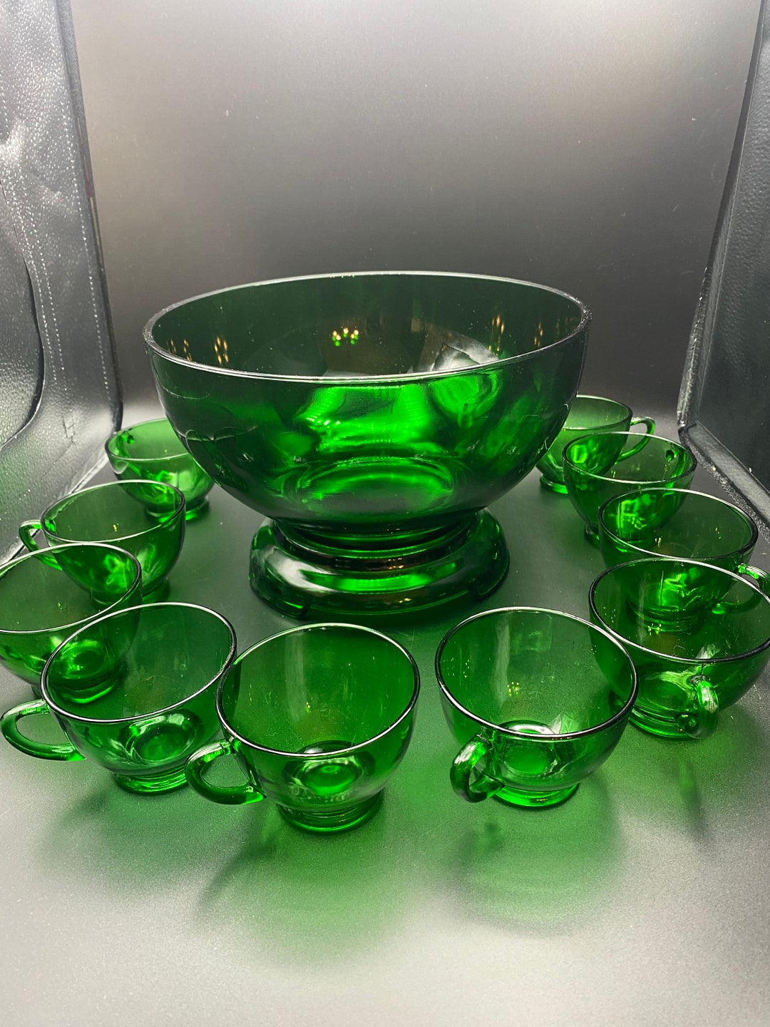 Anchor Hocking Emerald Green Punch Bowl Set Etsy