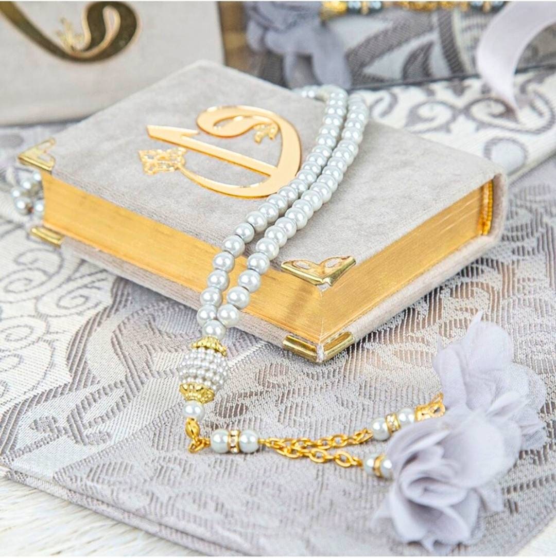 Prayer Mat Set, Velvet Quran, Pearl Prayer Beads Islamic Gift Set