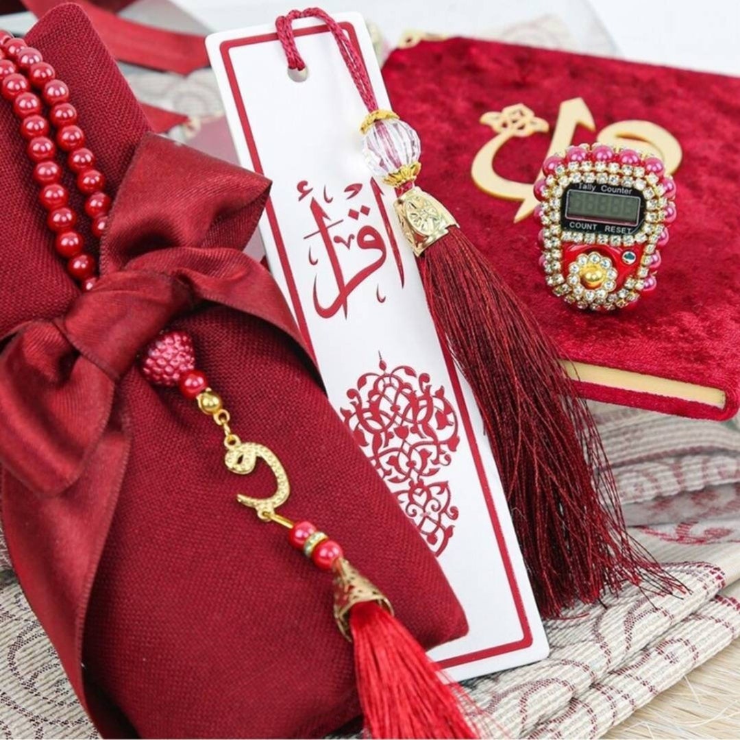 Prayer Mat Set, Red Velvet Quran, Pearl Prayer Beads Islamic Gift Set