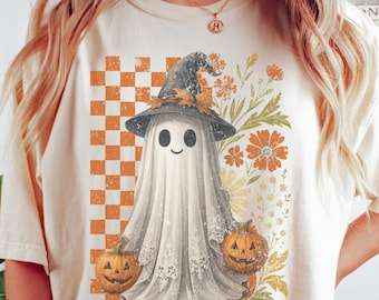 Retro Halloween Fall season Ghost Shirt Comfort Colors®, Fall Floral Shirt, Boho Ghost Tee, Trendy Halloween Shirt Women