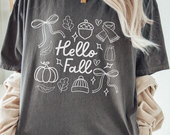 Hello Fall Shirt Comfort Colors®, Fall Season Shirt, Autumn Vibes Shirt Women, Fall Coquette Bow Shirt, Fall Doodles Tee