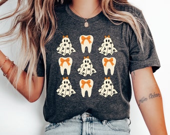 Camicie dentali Halloween, T-shirt dentali autunnali, Camicie per studio dentistico, Regalo per studenti di igiene, Maglietta per dentista, Camicie abbinate per personale dentale