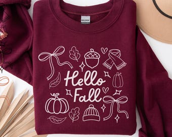 Hello Fall Sweatshirt, Fall Season Sweatshirt, Autumn Vibes, Cute Fall Gift, Fall Coquette Bow Sweatshirt, Fall Doodles, Thanksgiving Shirt