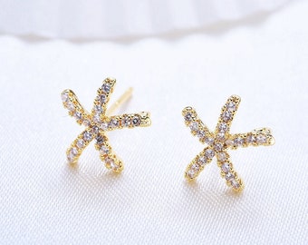 2pcs 18K Gold Filled CZ Pave Starfish Earring Post with Loop, s925 Silver Pin, Micro Pave Post Earring, Hypoallergenic Earring Findings 10mm