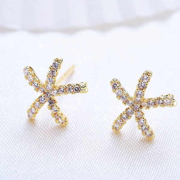 2pcs 18K Gold Filled CZ Pave Starfish Earring Post with Loop, s925 Silver Pin, Micro Pave Post Earring, Hypoallergenic Earring Findings 10mm