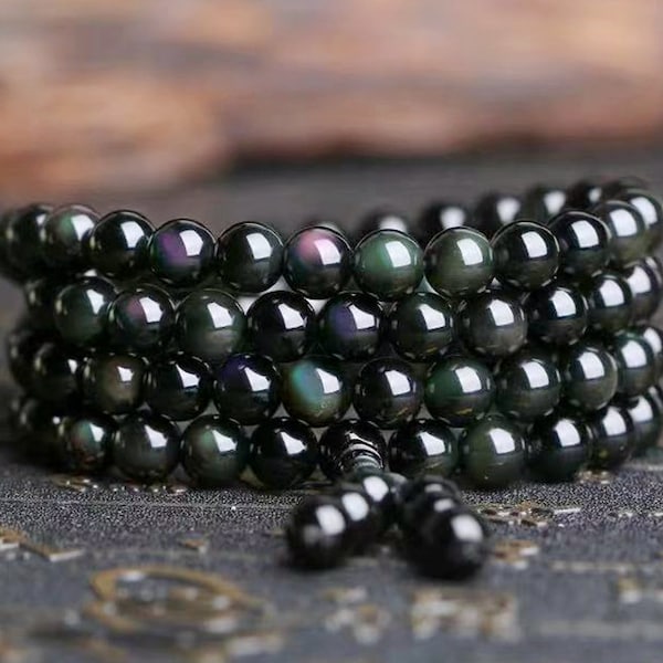 108 Mala Beads Necklace, Natural Obsidian Stone Wrap Bracelet, Healing Crystal Energy Meditation Necklace, Gemstone Bead Necklace
