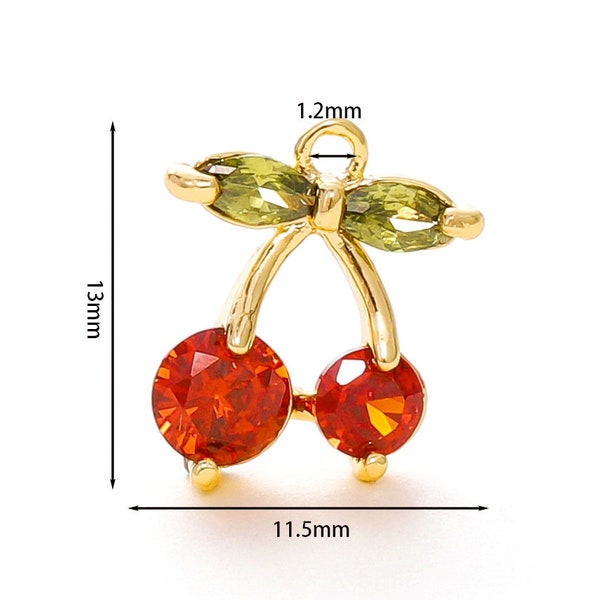 2pcs 18K Gold Filled Red Cherry Marquise Leaf CZ Fruit Charms Red Cherry Pendant 11.5x13mm