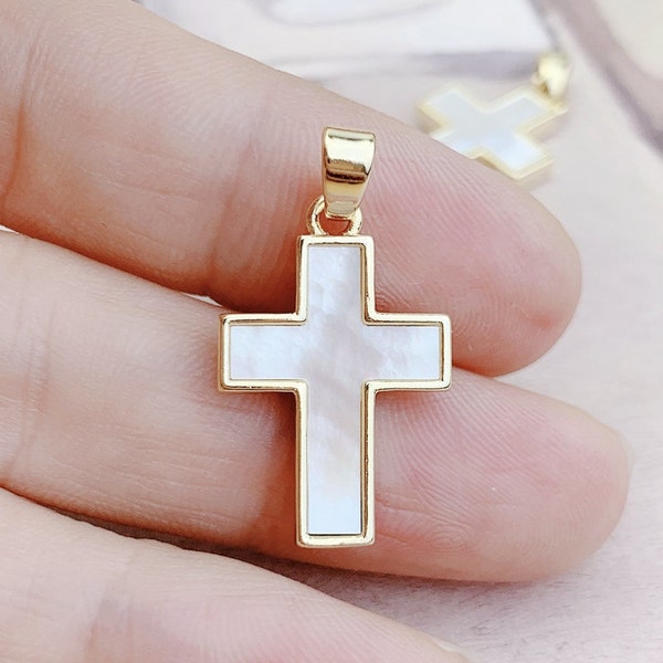 Natural Seashell Cross Pendant, 18K Gold Plated Brass Base, White Fritillaria Pendant, Cross Pendant for Making Jewelry