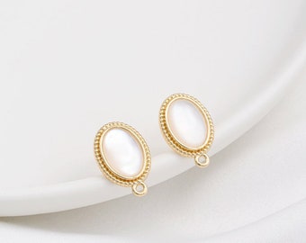 2pcs 14K Gold Stud with Loop, Natural Seashell Ear Base with Stud 925 Silver Pin, Oval Stud, Hypoallergenic Earring Findings 10x16mm