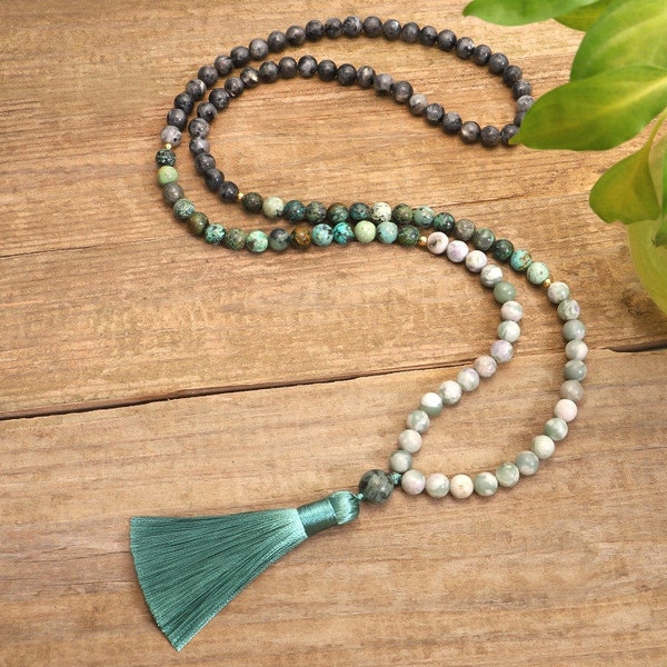 Collier de 108 perles, collier de prière Mala avec pompon, collier de guérison turquoise africain, collier de méditation Mala yoga avec pompon